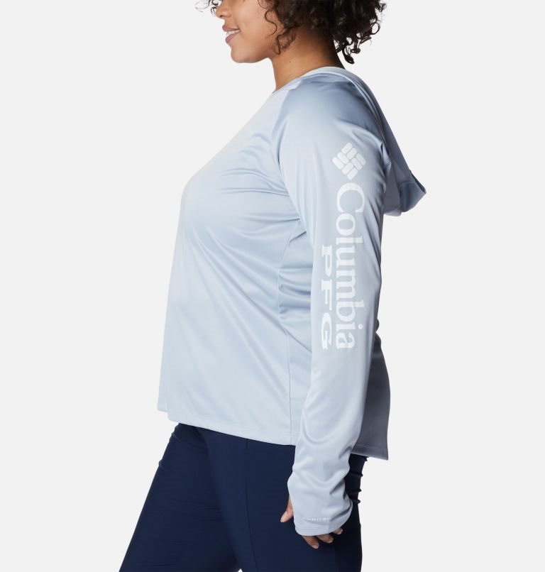 Women's Columbia PFG Tidal Tee Heather Hoodie Light Blue | Plus Size CA-R3186